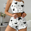 Heart Print Ribbed Cami Pajama Short Set - Black