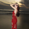 Knitted Hollow Out Backless Tie Up Dress - Red