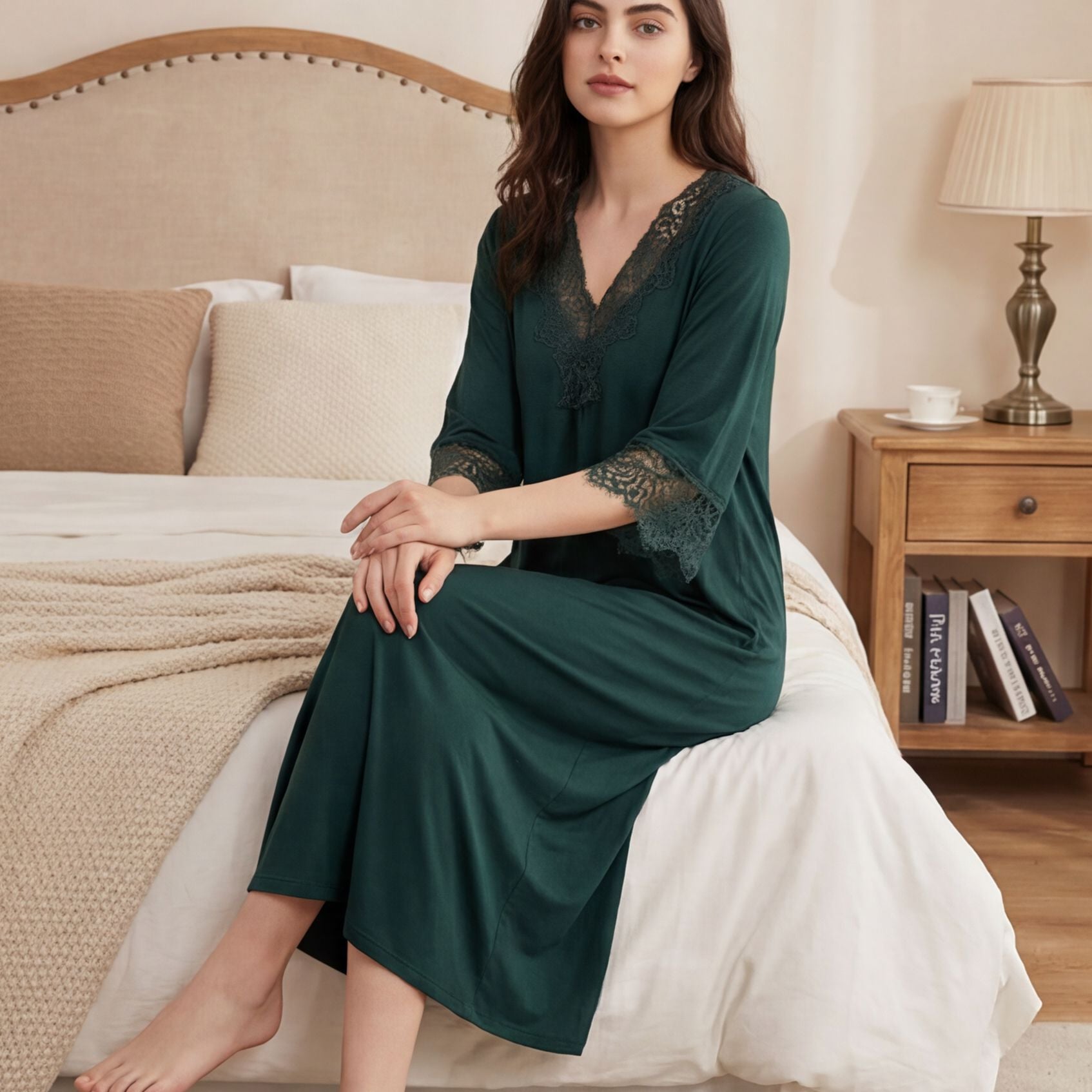 Side profile of the lace trimmed nightgown showing the soft drape