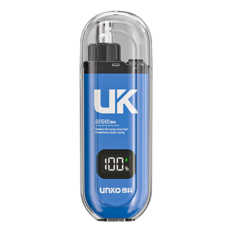 Blue nose hair trimmer with its clear cap on and the charge percentage on the display