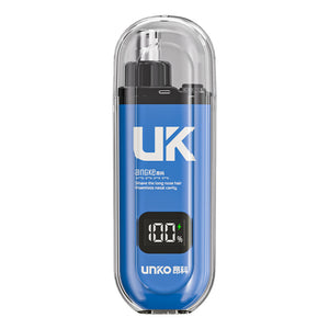 Blue nose hair trimmer with its clear cap on and the charge percentage on the display