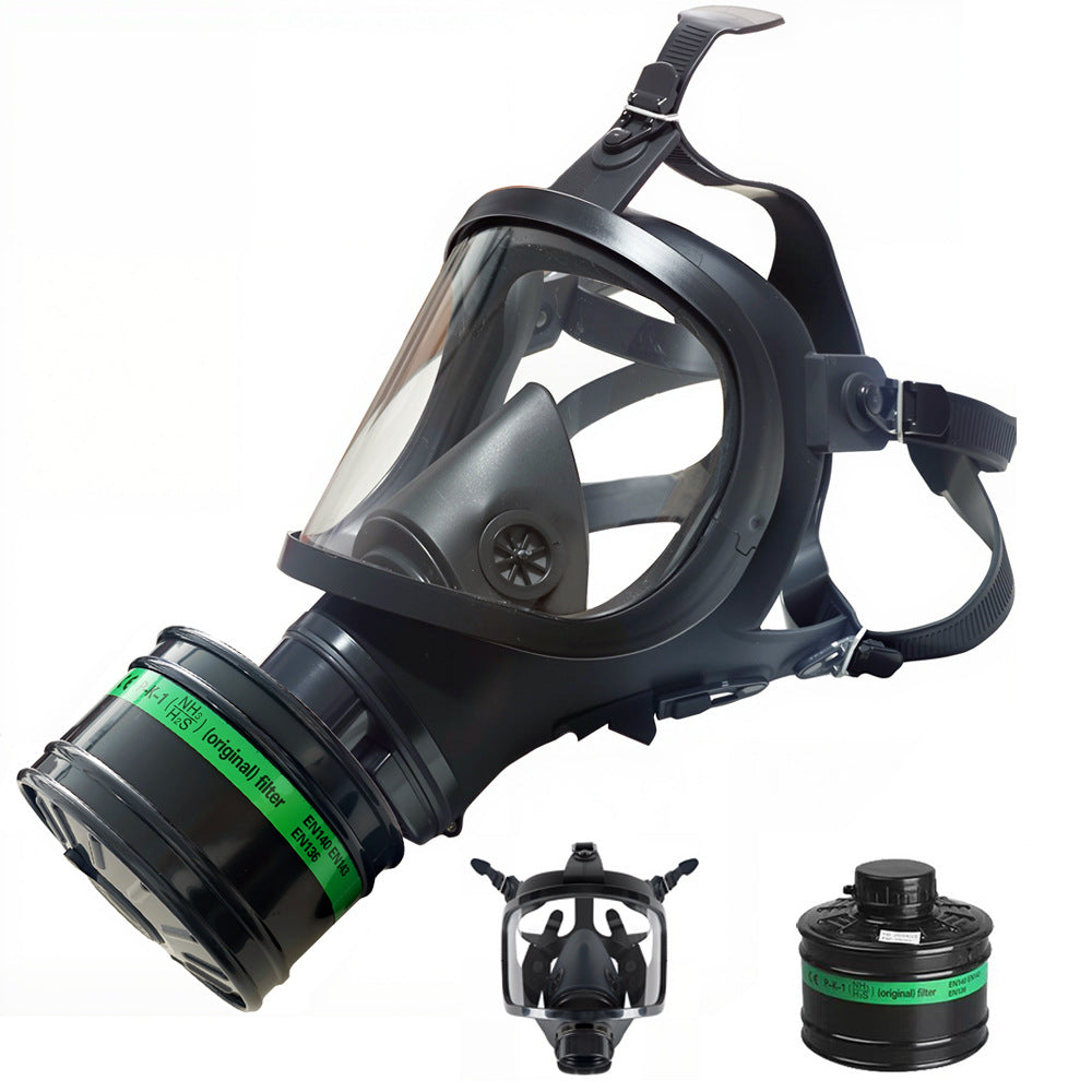 Full face respirator fitted with the green band No. 4 ammonia type canister and detail insets
