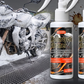 Foam covered motorcycle beside the 120 ml Motorcycle Cleaner spray bottle on a grated floor