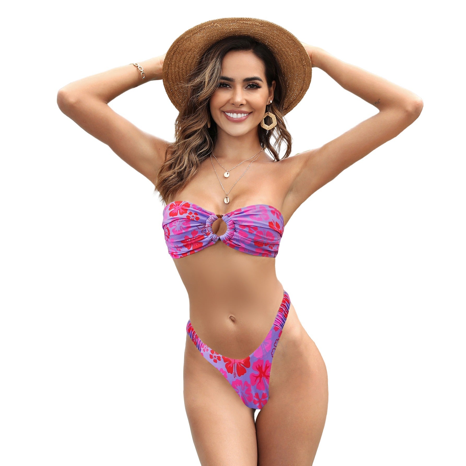 Floral bandeau bikini styled and paired for a poolside look