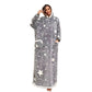 Standing front view of the oversized hooded fleece lounge robe in grey with white printed stars