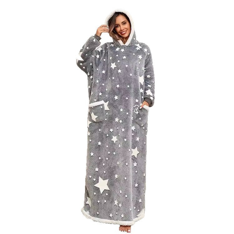 Standing front view of the oversized hooded fleece lounge robe in grey with white printed stars