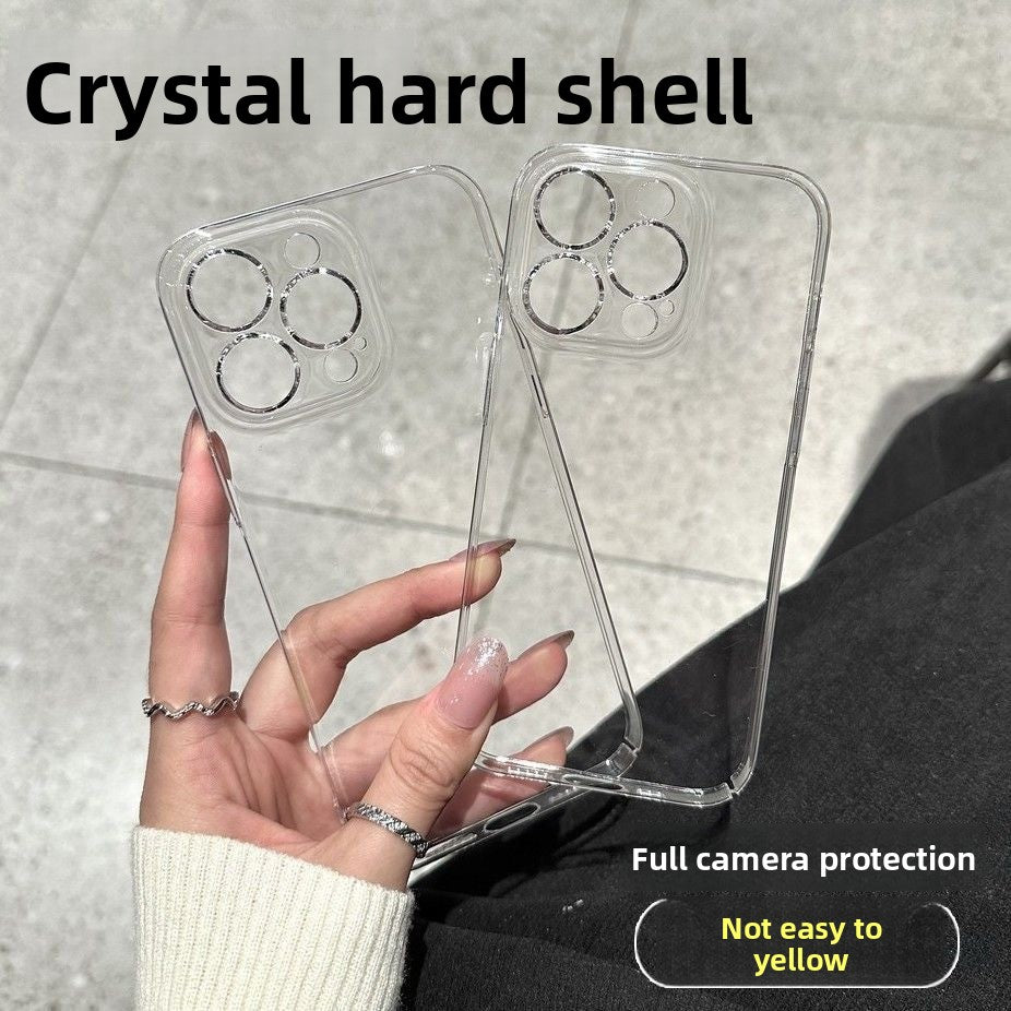 Hand holding a crystal clear hard phone case with a camera ring beside a second clear case