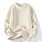 Cable knit crewneck pullover laid flat, raised braided panels running down front and sleeves
