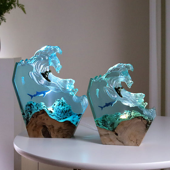 Ocean Wave Resin and Wood Night Light