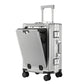 Front opening suitcase with polyester lining visible inside the main compartment