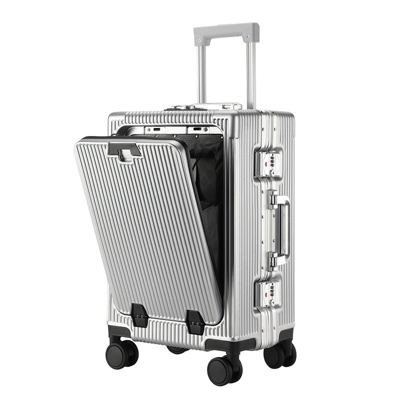 Front opening suitcase with polyester lining visible inside the main compartment