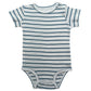 Baby cotton bodysuit with short sleeves and an envelope neckline laid flat on a white background