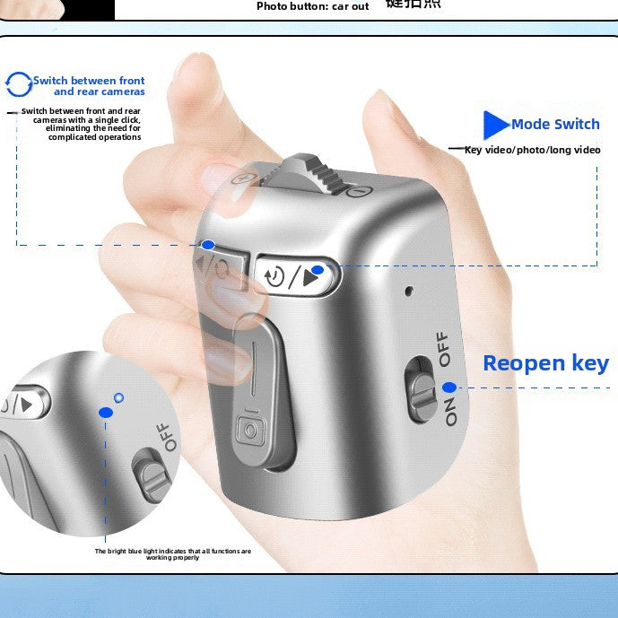 Graphic of a hand holding the silver and white grip with call outs for camera switch, mode switch and power key