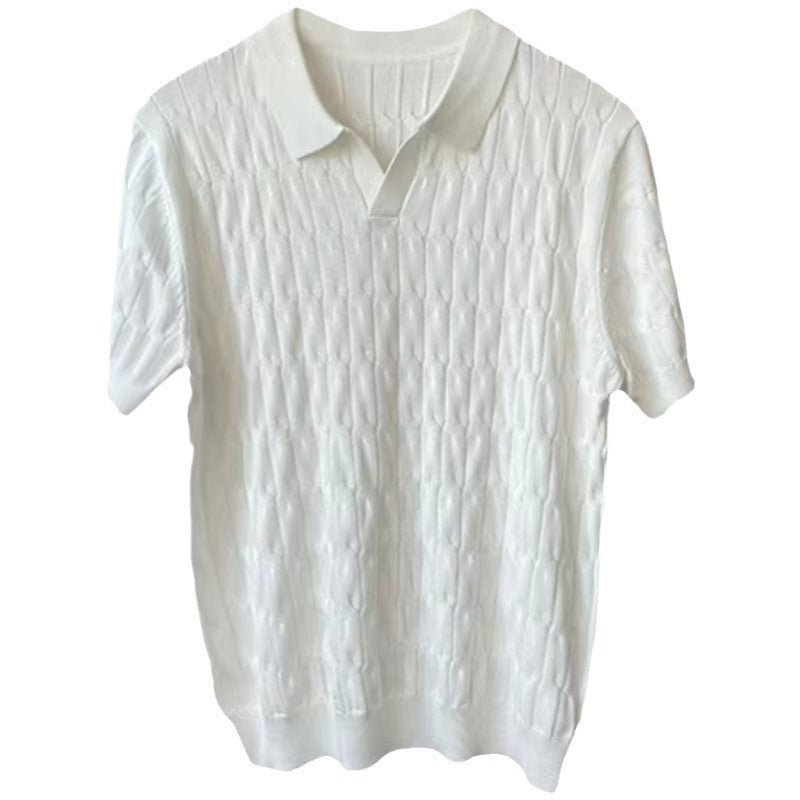 Open lapel johnny collar detail on the mens knitted polo shirt