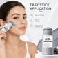 Woman gliding the Alaska Volcano clay stick over her cheek, caption easy stick application, mess free clay mask