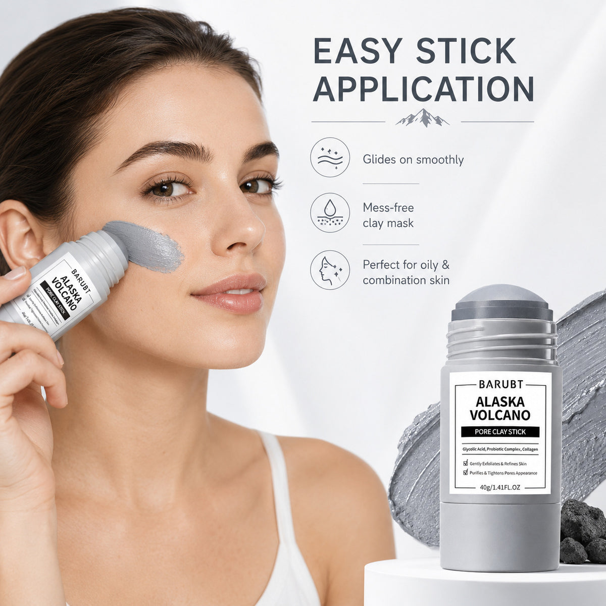 Woman gliding the Alaska Volcano clay stick over her cheek, caption easy stick application, mess free clay mask