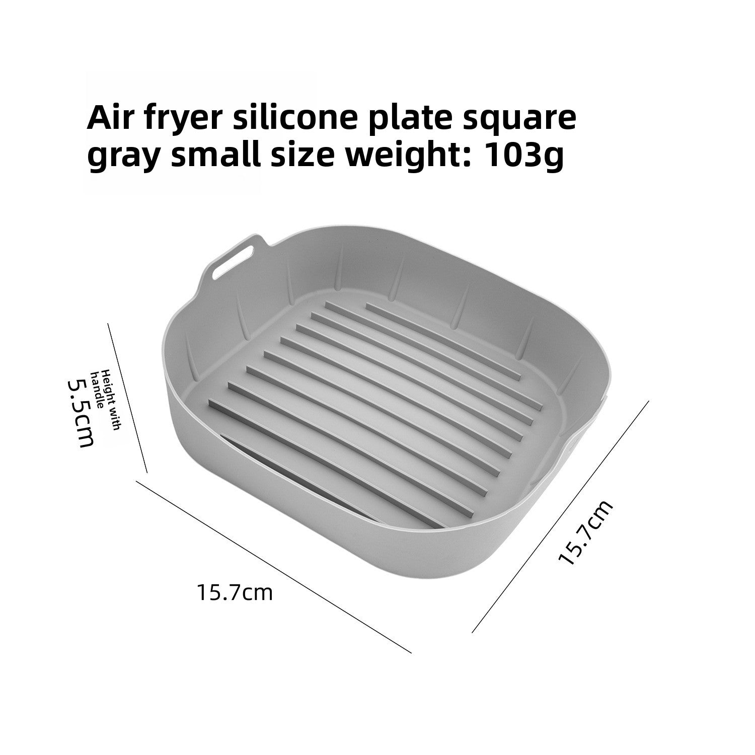 Gray small square silicone air fryer liner tray with a ridged base, about 15.7 by 15.7 cm