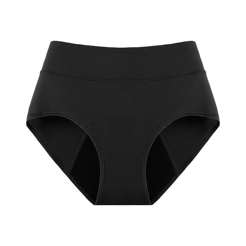 Black high-waist menstrual brief front view with mesh side panels on a plain background