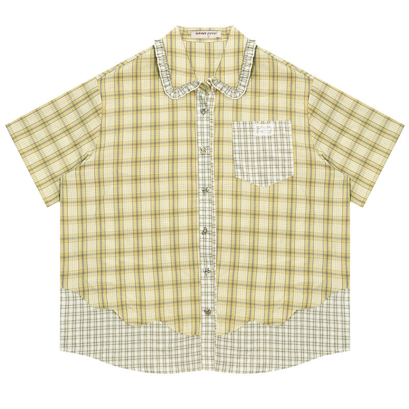 Doll collar and button placket detail on green plaid short sleeve shirt