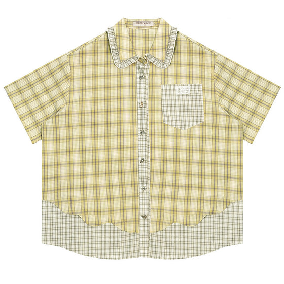 Women's Plaid Short Sleeve Shirt With Doll Collar