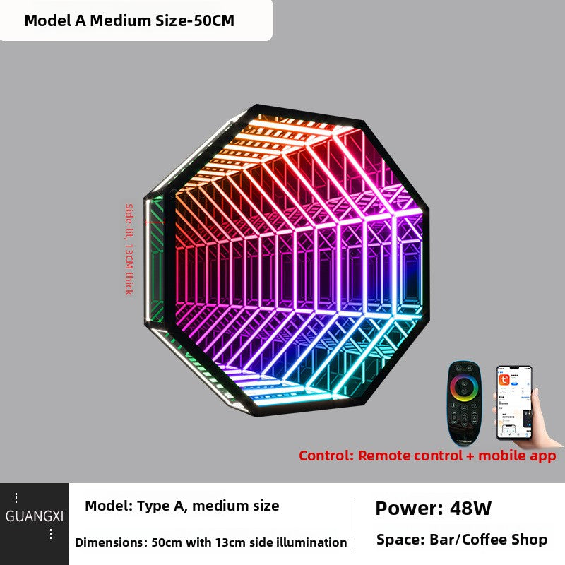Octagonal LED mirror lamp showing a warm orange and red geometric light tunnel