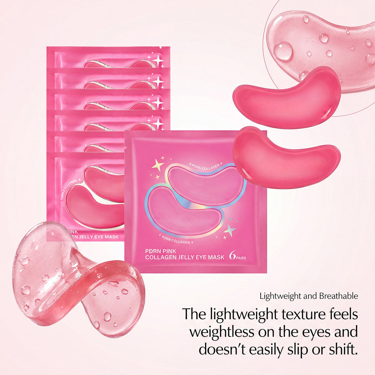 Pink collagen hydrogel under eye gel masks, soft jelly crescents from a six pair pack