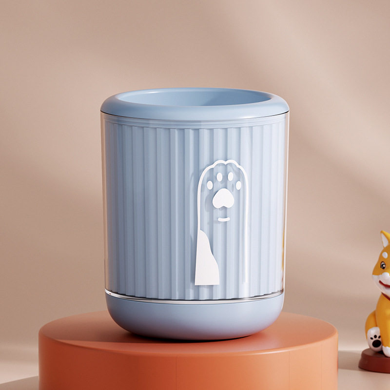 Blue pet paw wash cup with a white paw print graphic, small size, on a studio pedestal