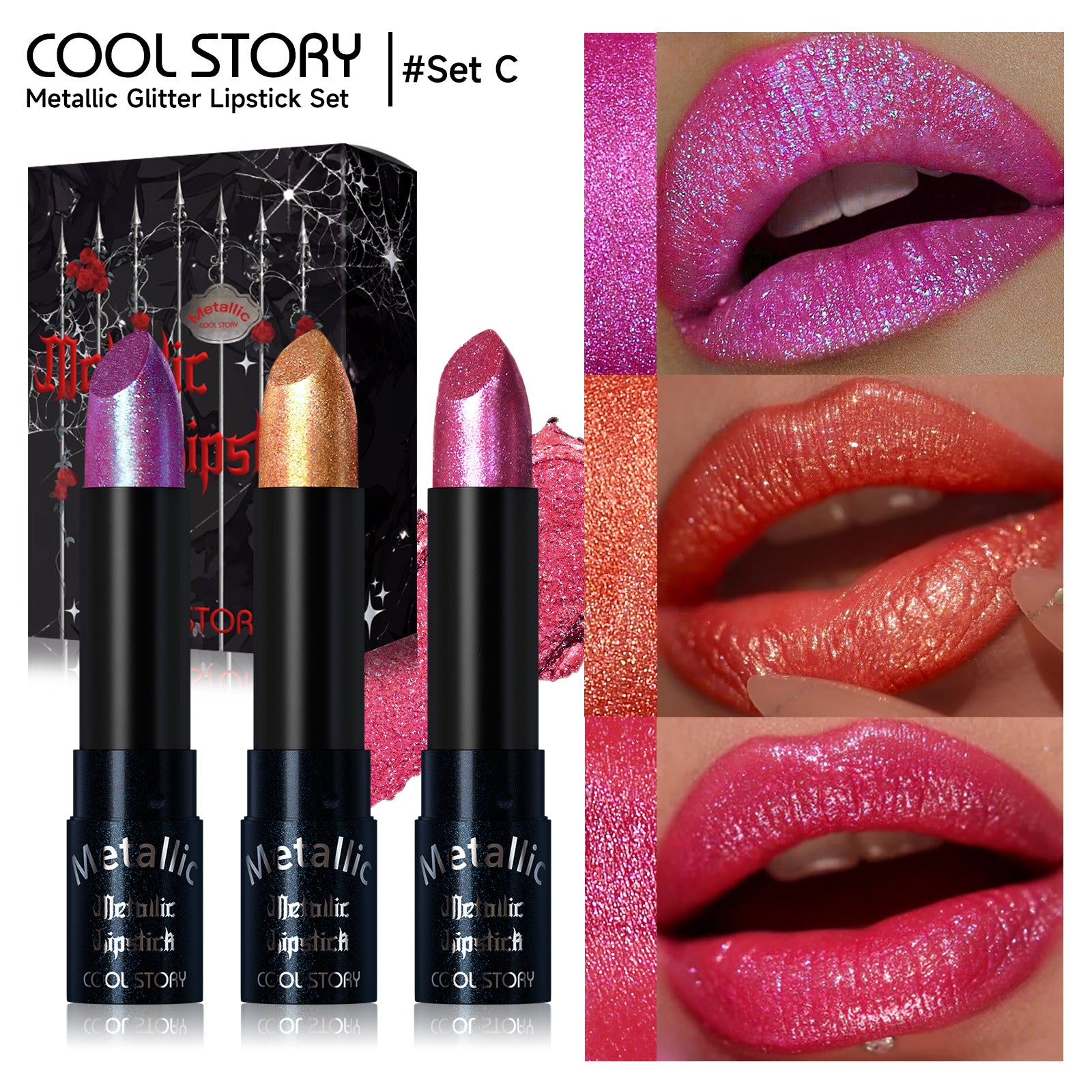 Three metallic glitter lipsticks with high shimmer pearl shades shown with lip swatches