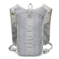 Gray hydration backpack front with reflective OUTDOOR print and crossed bungee cords