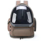 Brown transparent dome pet carrier backpack with a front pocket and side holes on white, Brown option