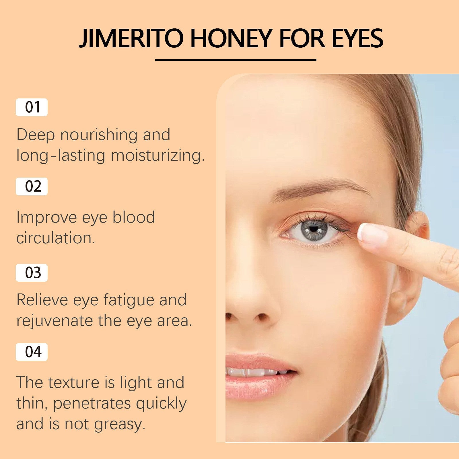 Peach panel listing four maker statements beside a close up of a fingertip at the outer corner of an eye