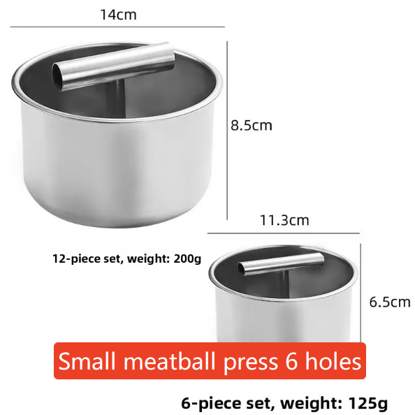 Close view of even meatballs shaped by the stainless steel press through the holes