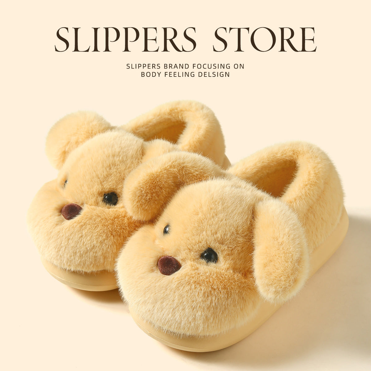 Fuzzy puppy design house slippers with faux fur upper and non slip EVA sole, cozy indoor scuff style