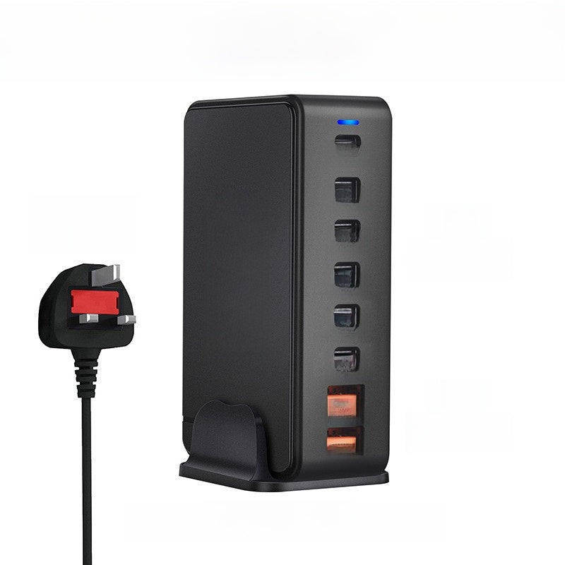 Overhead angle of the GaN charging station showing five USB C and three USB A ports