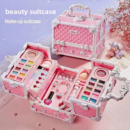 Pink diamond-quilted beauty suitcase opened into tiers of pretend makeup palettes, nail polish and accessories