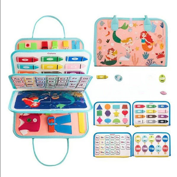 Soft felt board with a button, buckle, zip and lace to practise