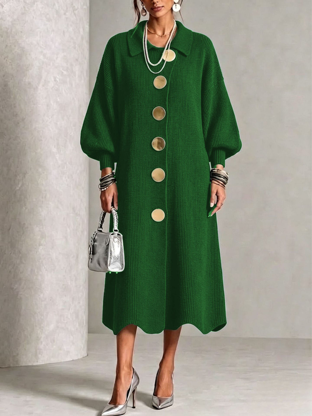 Green option, size M: long ribbed knit dress with polo collar, balloon sleeves and large gold-tone buttons