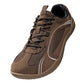 Brown mesh sneaker with white piping lines and a gum brown flat rubber sole, angled side view on white