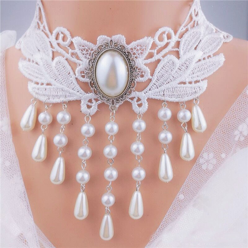 Lace choker necklace with an alloy filigree centre and small dangling beads