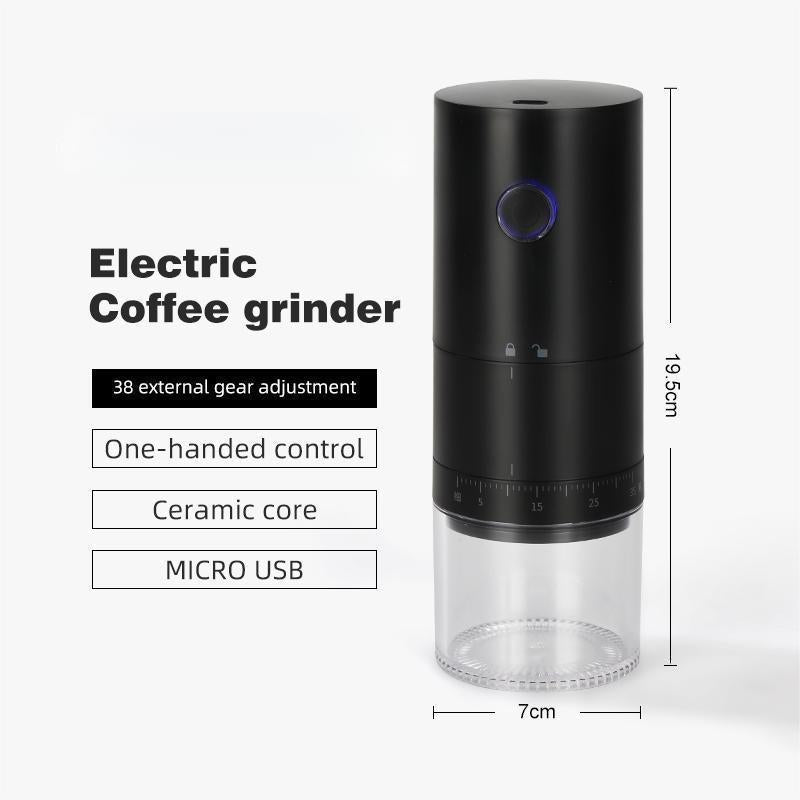 Black electric coffee grinder with a lit round button and clear cup, with 38 external gear adjustment text and size labels