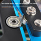 Close view of the two bearing rollers meeting edge to edge on the blue anodised cutter jaw