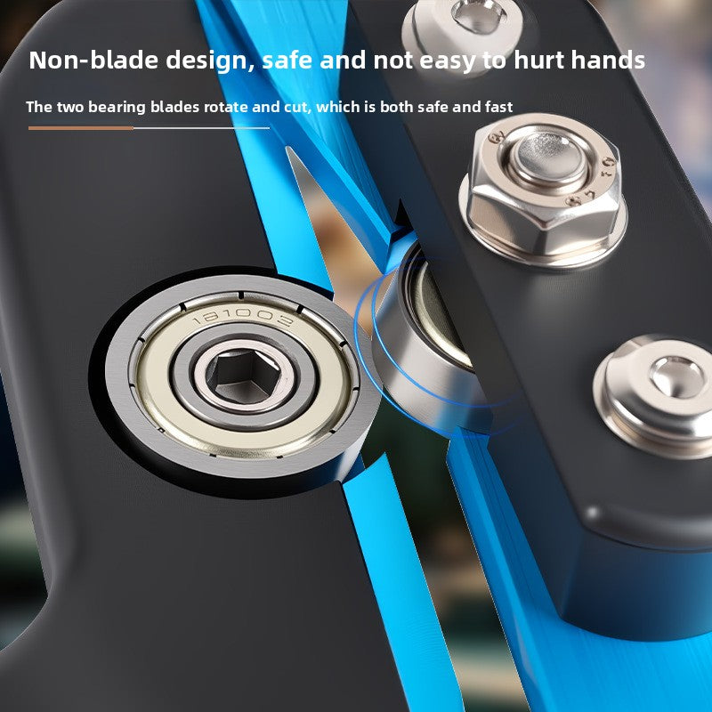 Close view of the two bearing rollers meeting edge to edge on the blue anodised cutter jaw