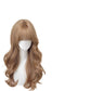 Long wavy champagne gold wig with straight wispy bangs on a plain white mannequin head