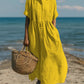 Short-sleeve cotton linen dress full length shown in clear detail