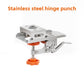 Stainless steel hinge punch with a lever clamp and orange rubber knob on a white background