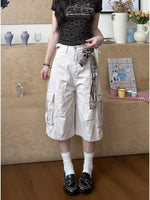 Khaki cream American retro loose wide leg cargo pants with flap side pockets front view