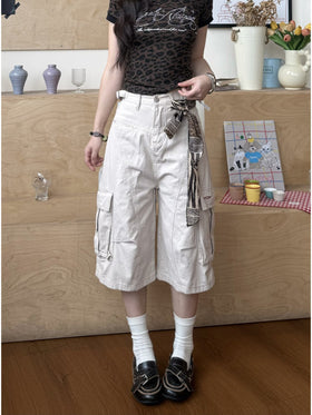 American Retro Multi-Pocket Loose Cropped Wide Leg Pants for Women