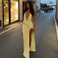 Elegant Halter Neck Deep V Back | side profile detail