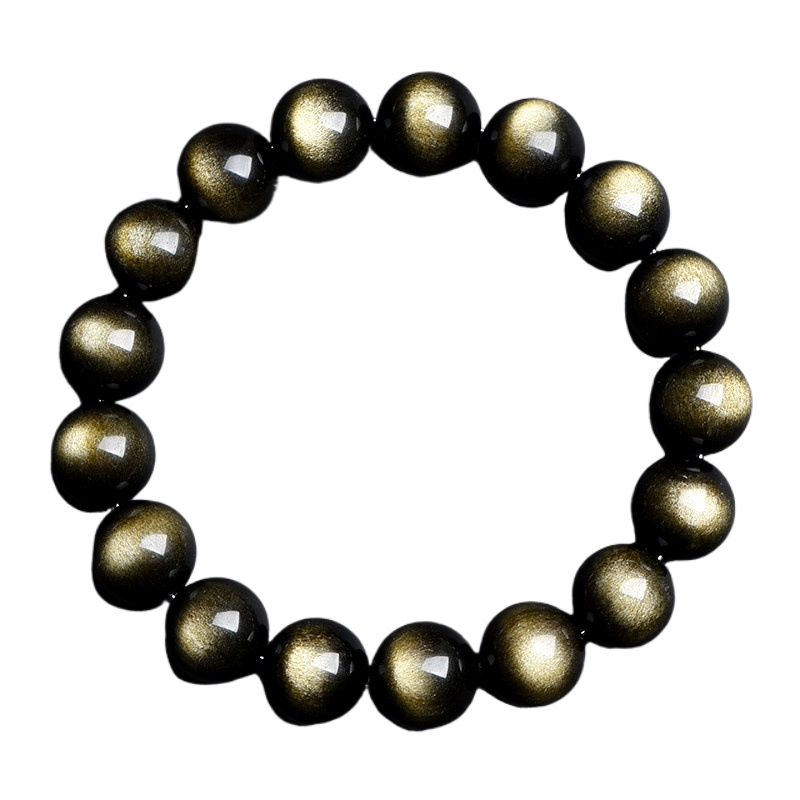 Natural obsidian stretch bracelet gold sheen beads close up on grey backdrop