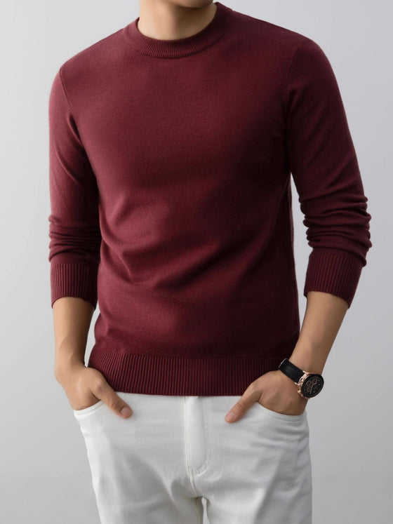 Mens Slim Fit Crew Neck Knit Sweater with Ribbed Cuffs and Hem